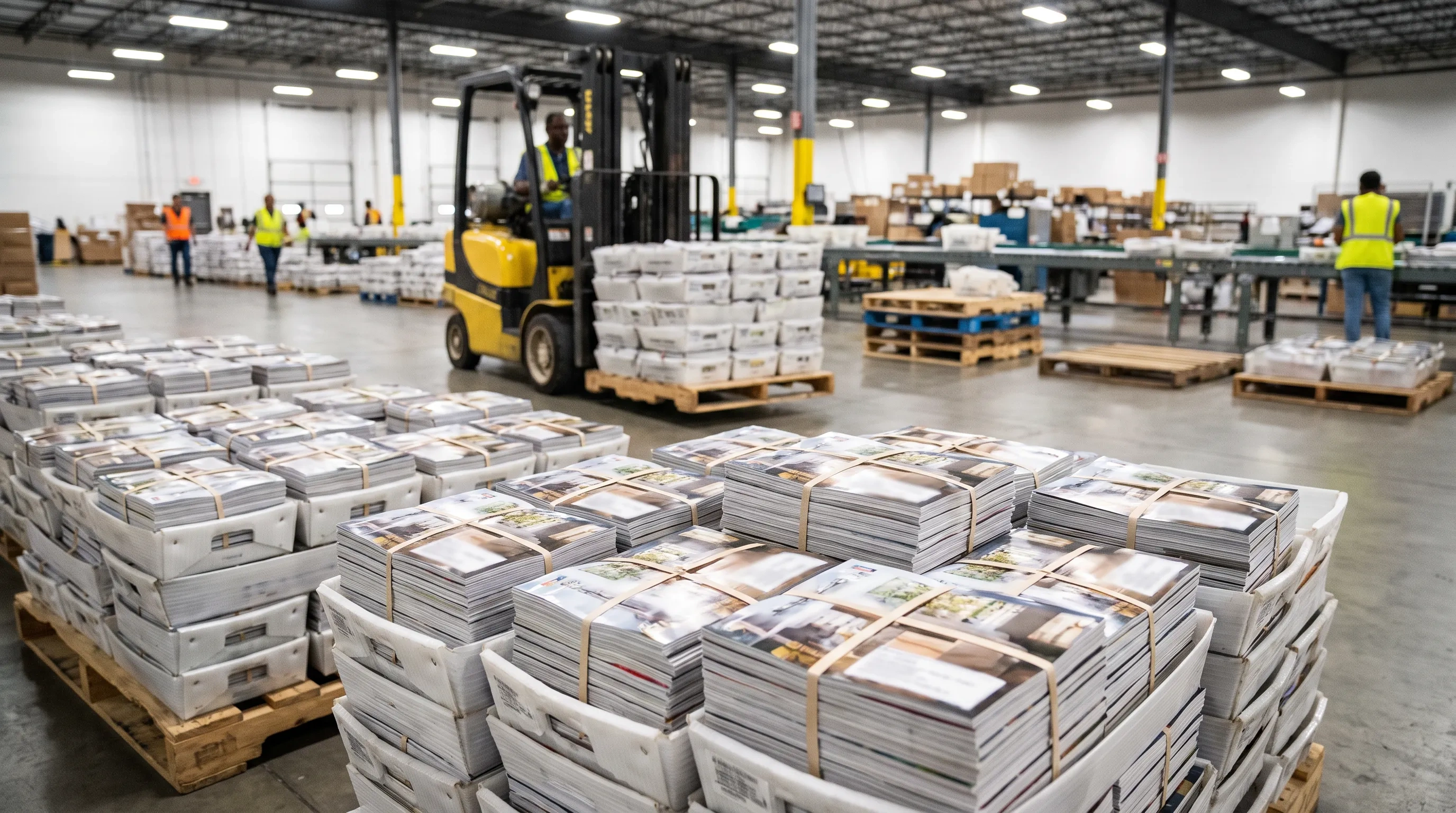 Bundles of freshly printed magazines in mail trays on a pallet, ready for the post office