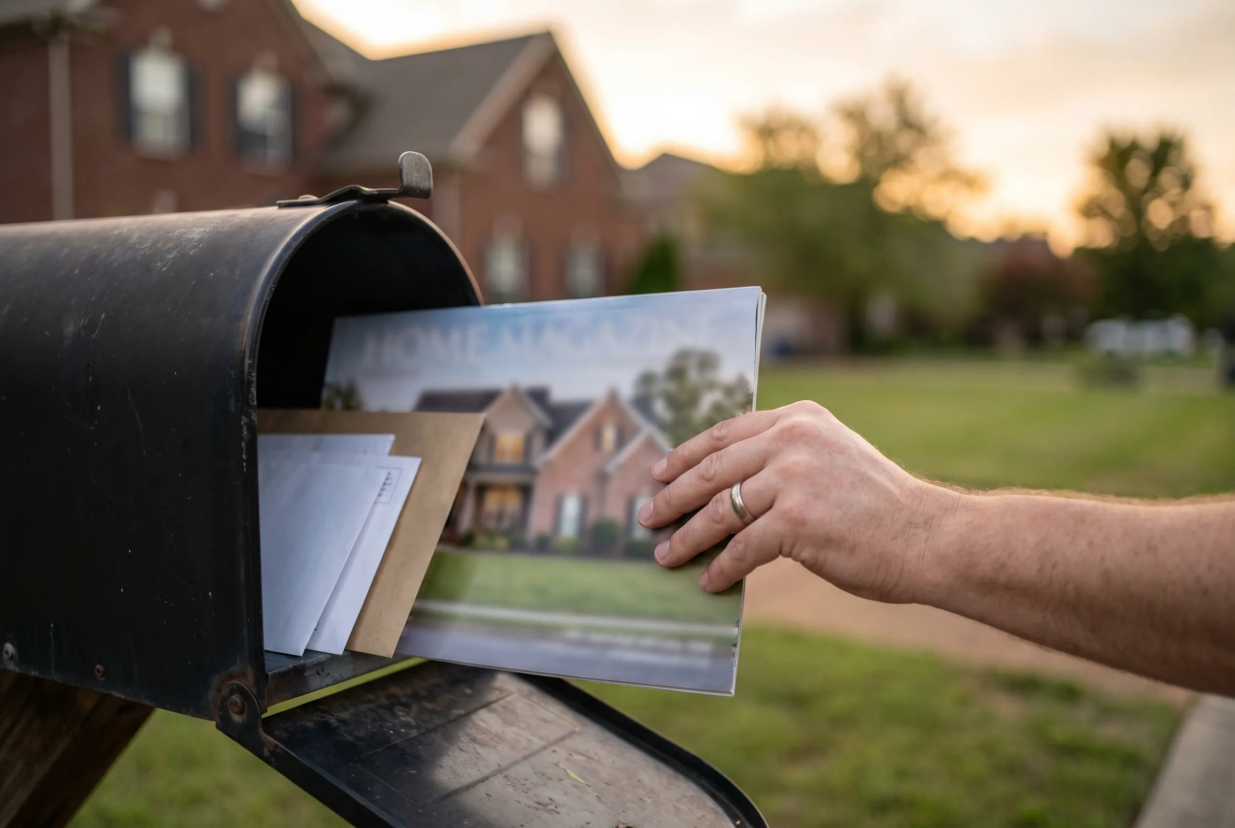 A hand pulling a glossy home magazine and envelopes out of a curbside mailbox in front of a brick home