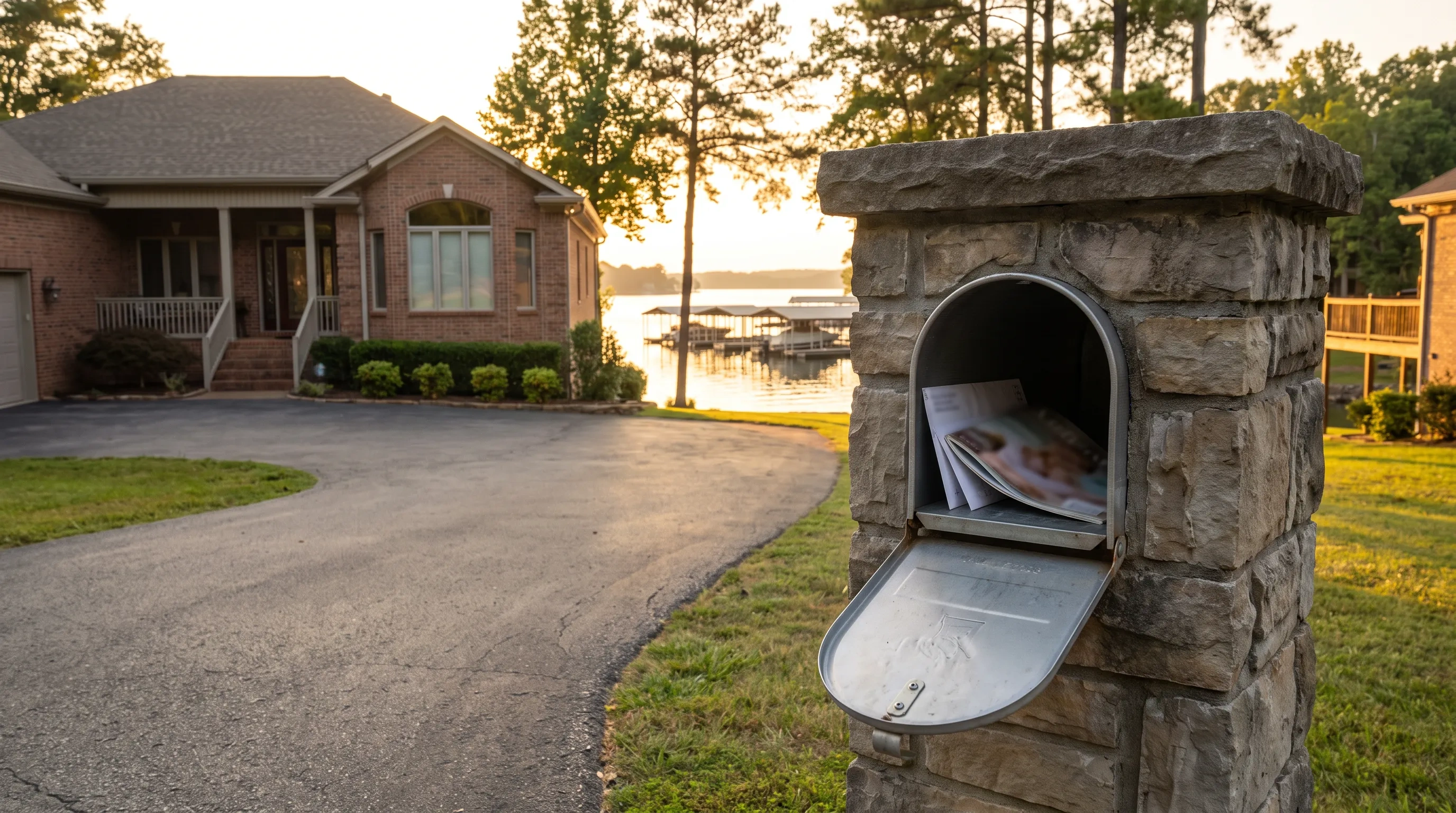 A magazine in a stone-pillar mailbox at a lakeside home in Hendersonville, Old Hickory Lake behind it