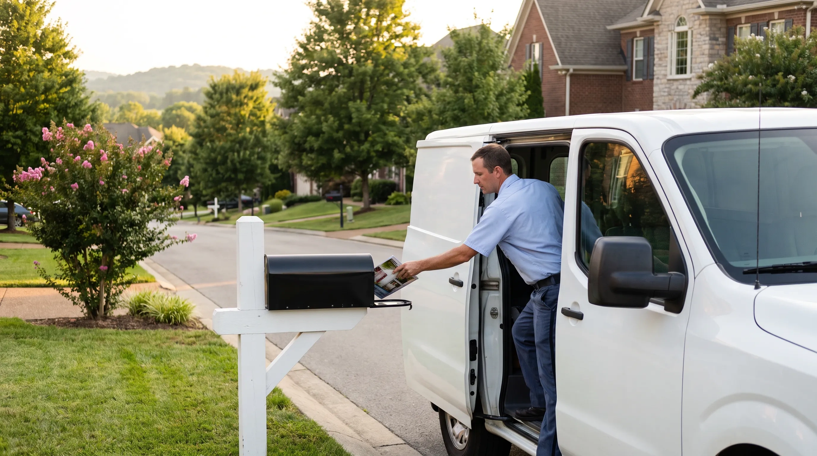 A mail carrier placing a magazine in a curbside mailbox on a street of brick homes in a Franklin neighborhood