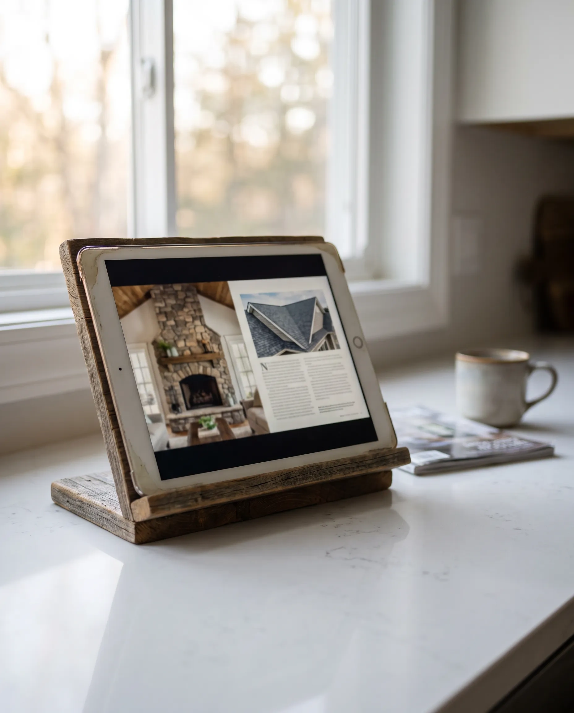 A tablet on a kitchen counter showing a two-page magazine spread of home service ads, the printed issue beside it