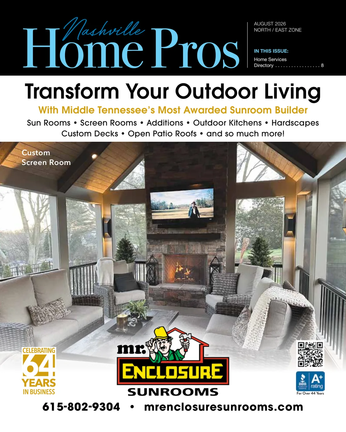August 2026 North / East zone cover of Nashville Home Pros Magazine, featuring a Middle Tennessee sunroom builder