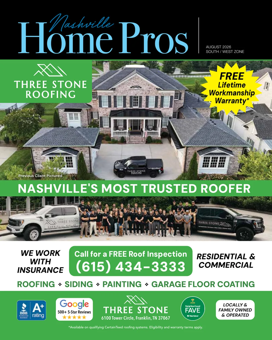August 2026 South / West zone cover of Nashville Home Pros Magazine, featuring a Franklin, Tennessee roofing contractor