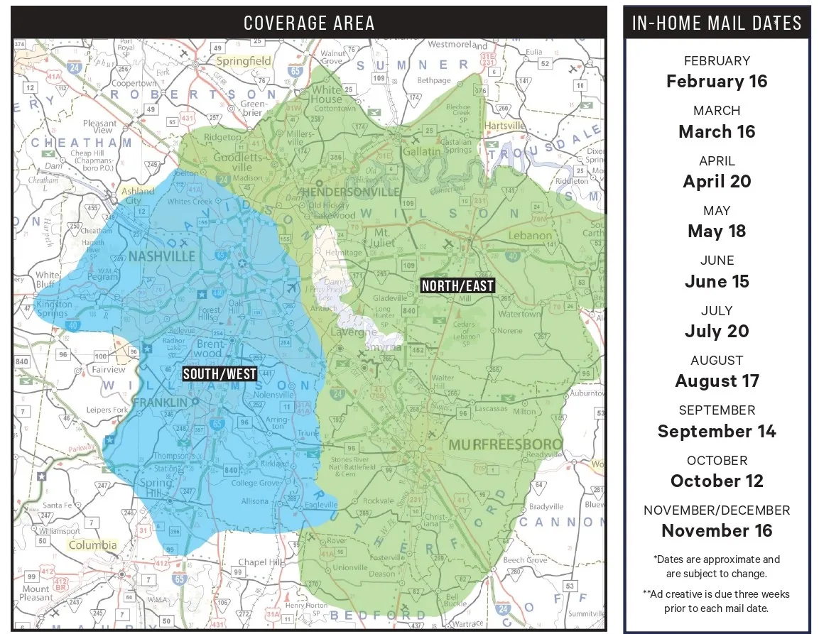 Coverage map of the Nashville Home Pros South / West and North / East mailing zones with the 2026 in-home mail dates