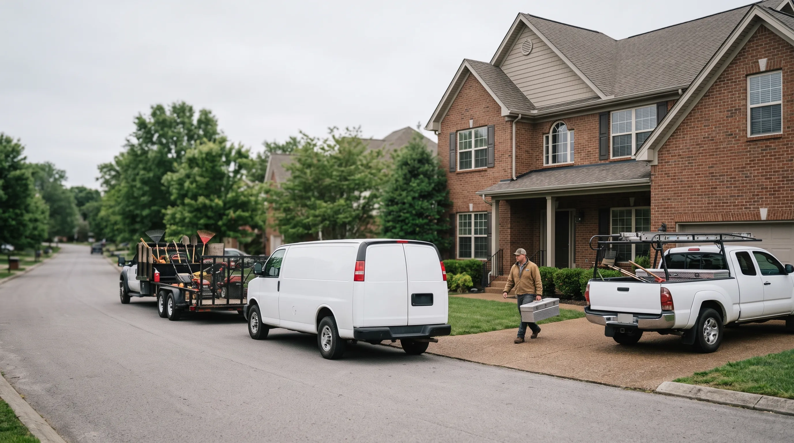 A roofer’s truck, a service van and a landscaper’s trailer parked at a brick home on a weekday morning