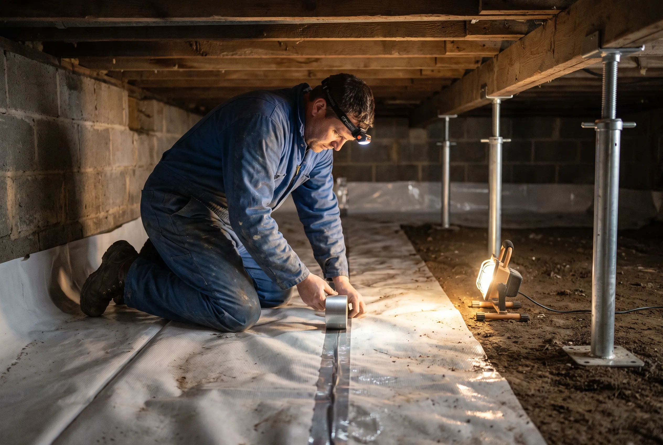 A technician with a headlamp sealing a vapor barrier seam in a crawlspace under a home