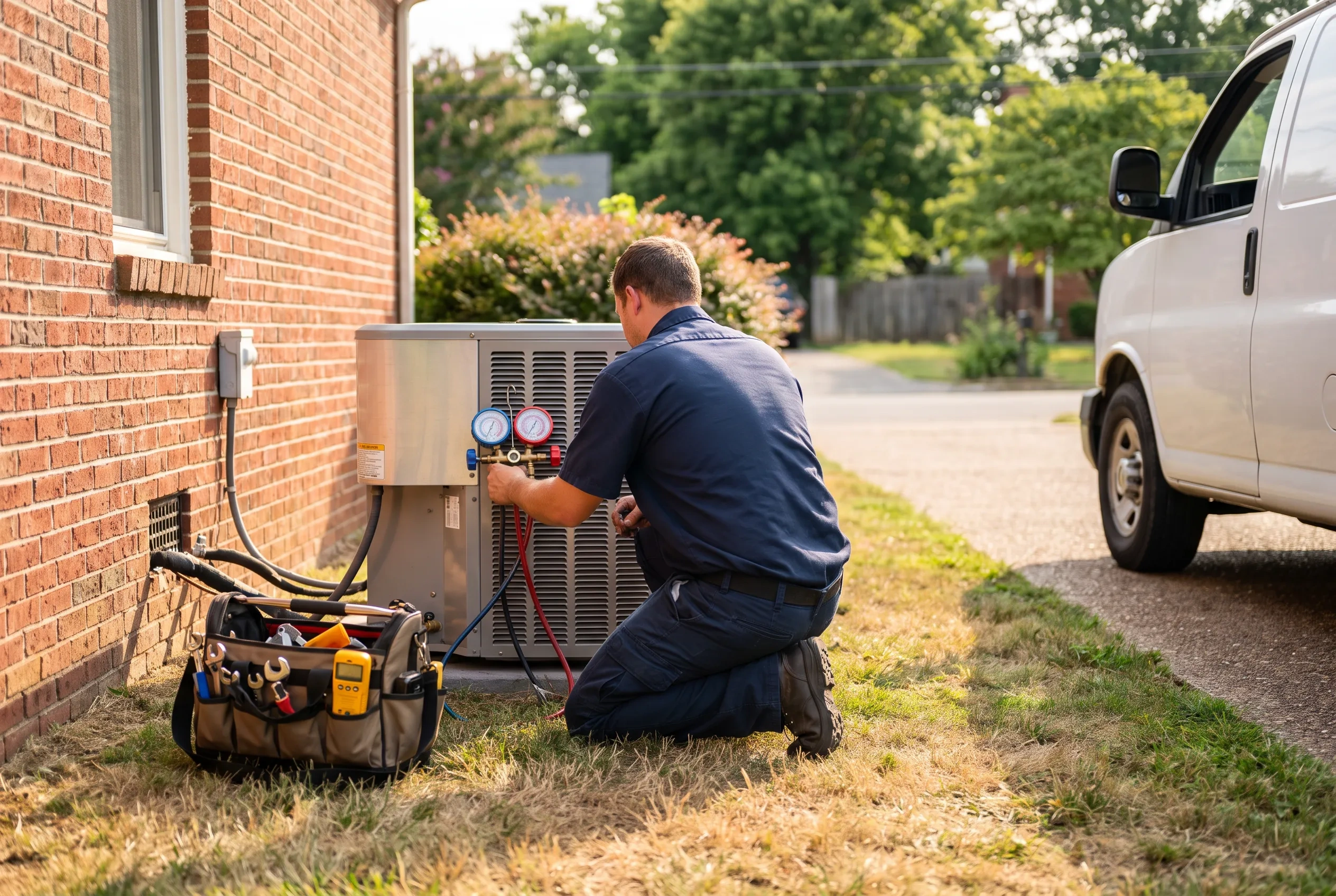 An HVAC technician checking refrigerant pressure on a new condenser beside a brick home
