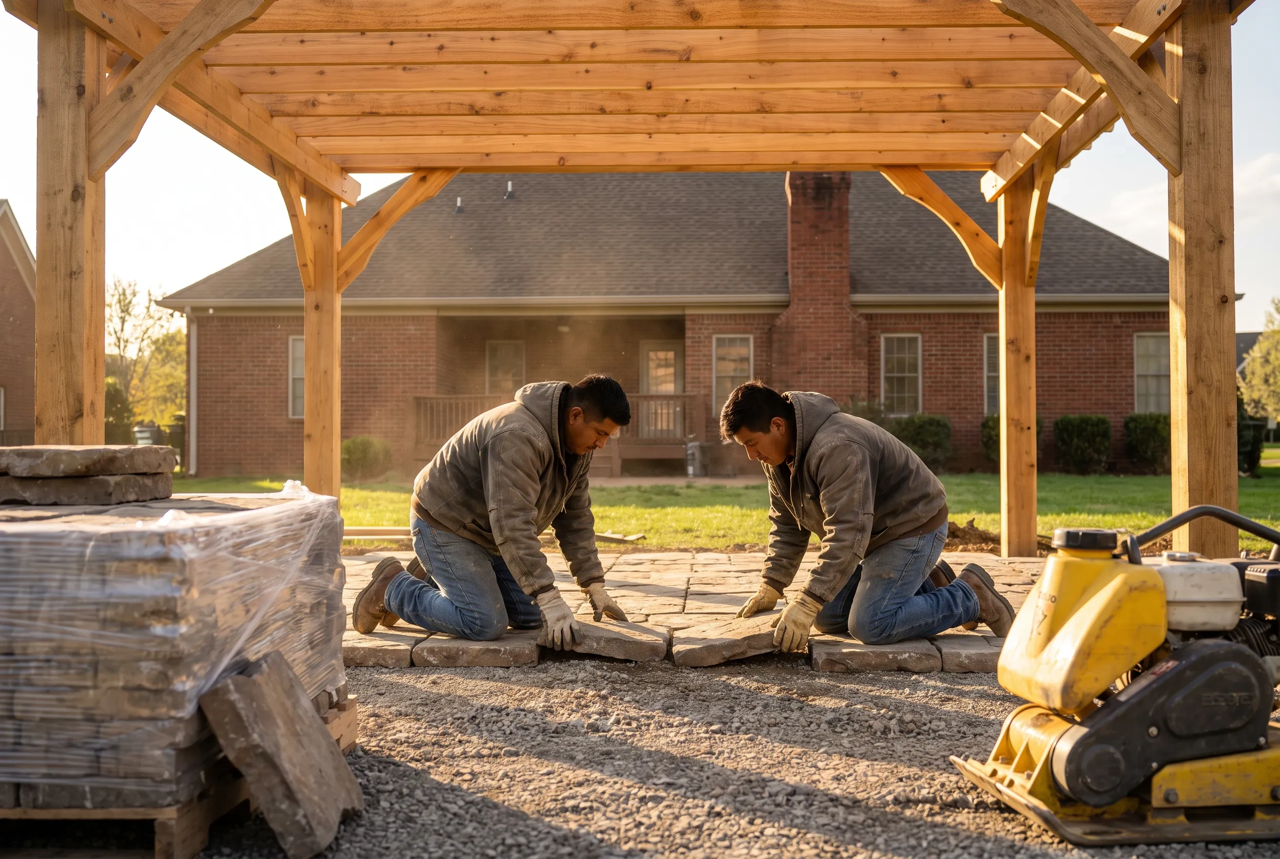 A landscape crew laying a paver patio under a new cedar pergola behind a brick home