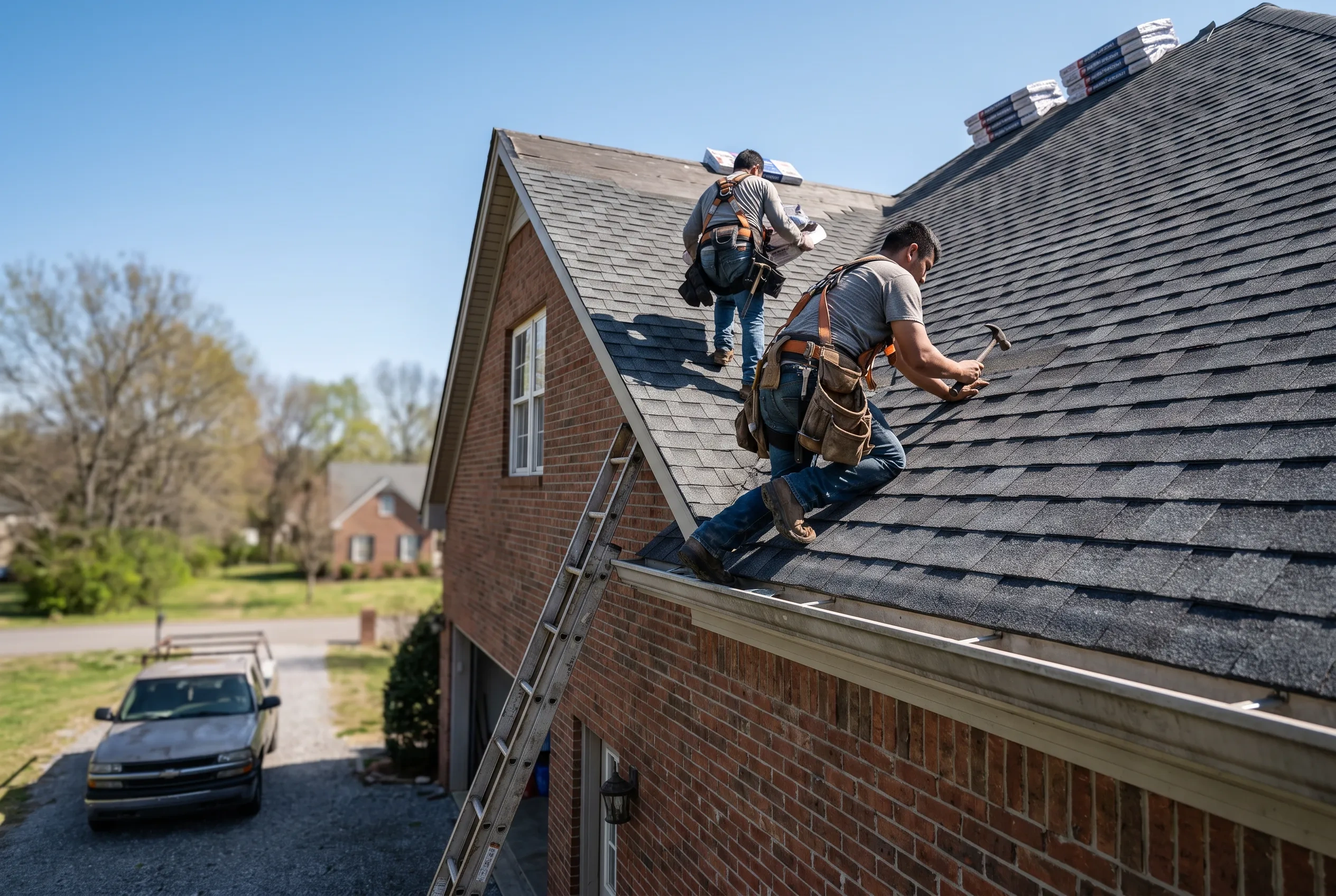 Two roofers in harnesses nailing new architectural shingles on a two-story brick home