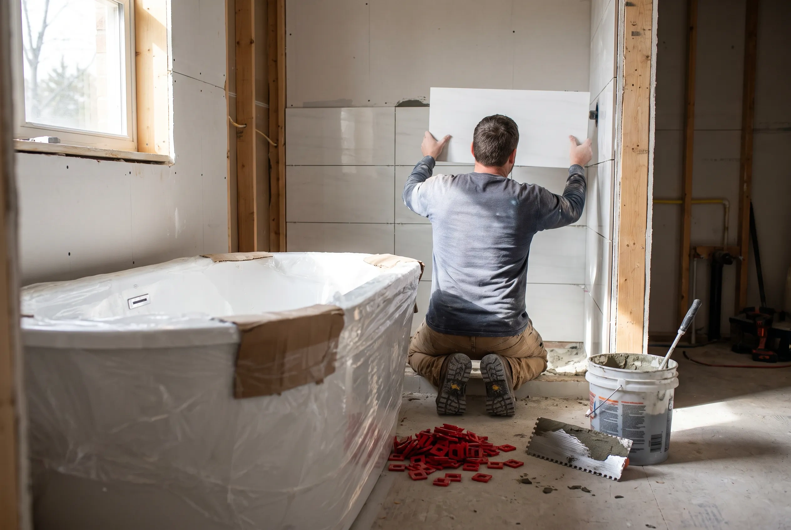 A tile setter pressing a large porcelain tile onto a shower wall in a bathroom remodel