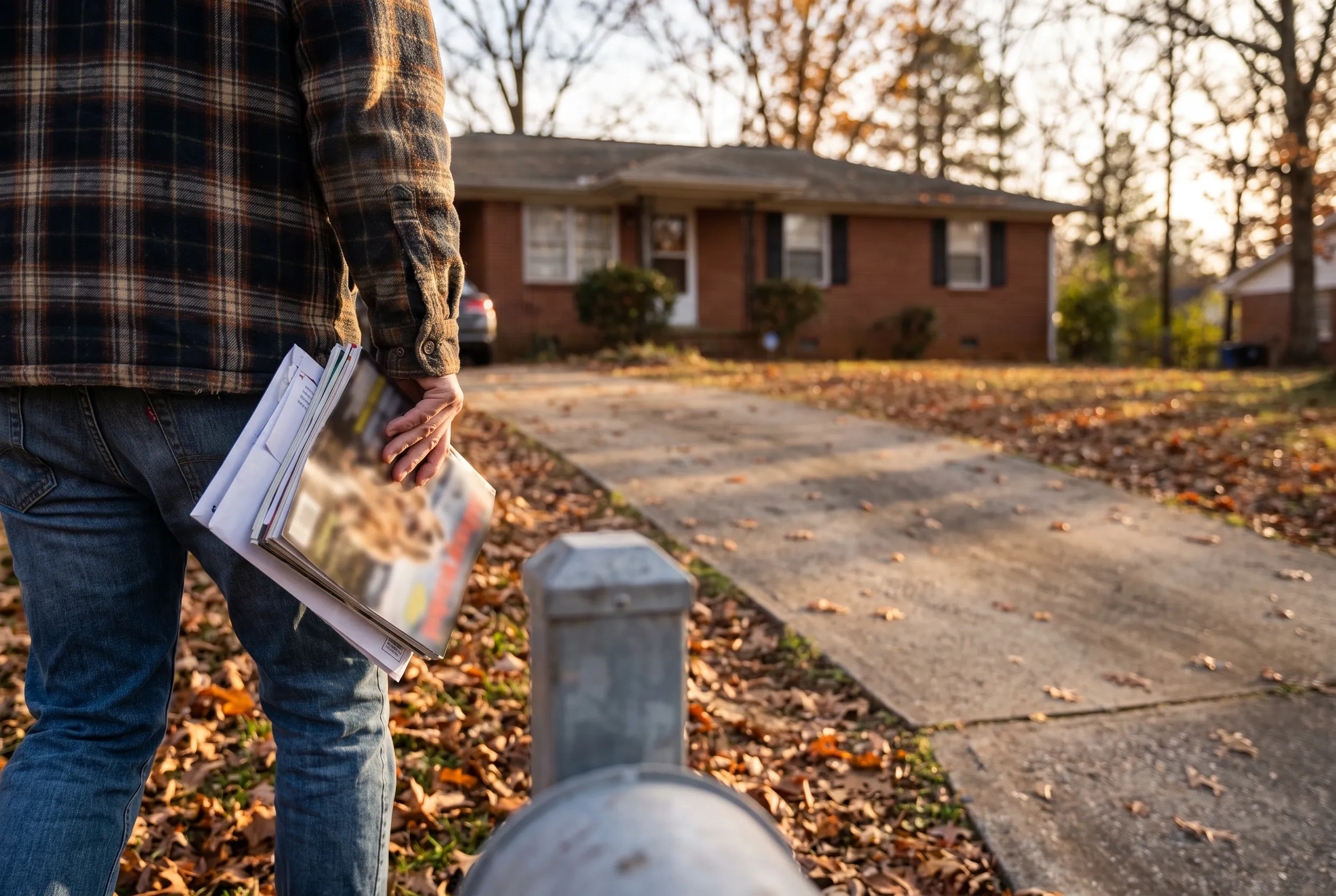 A homeowner carrying the day’s mail up the driveway, a glossy magazine on top of the stack