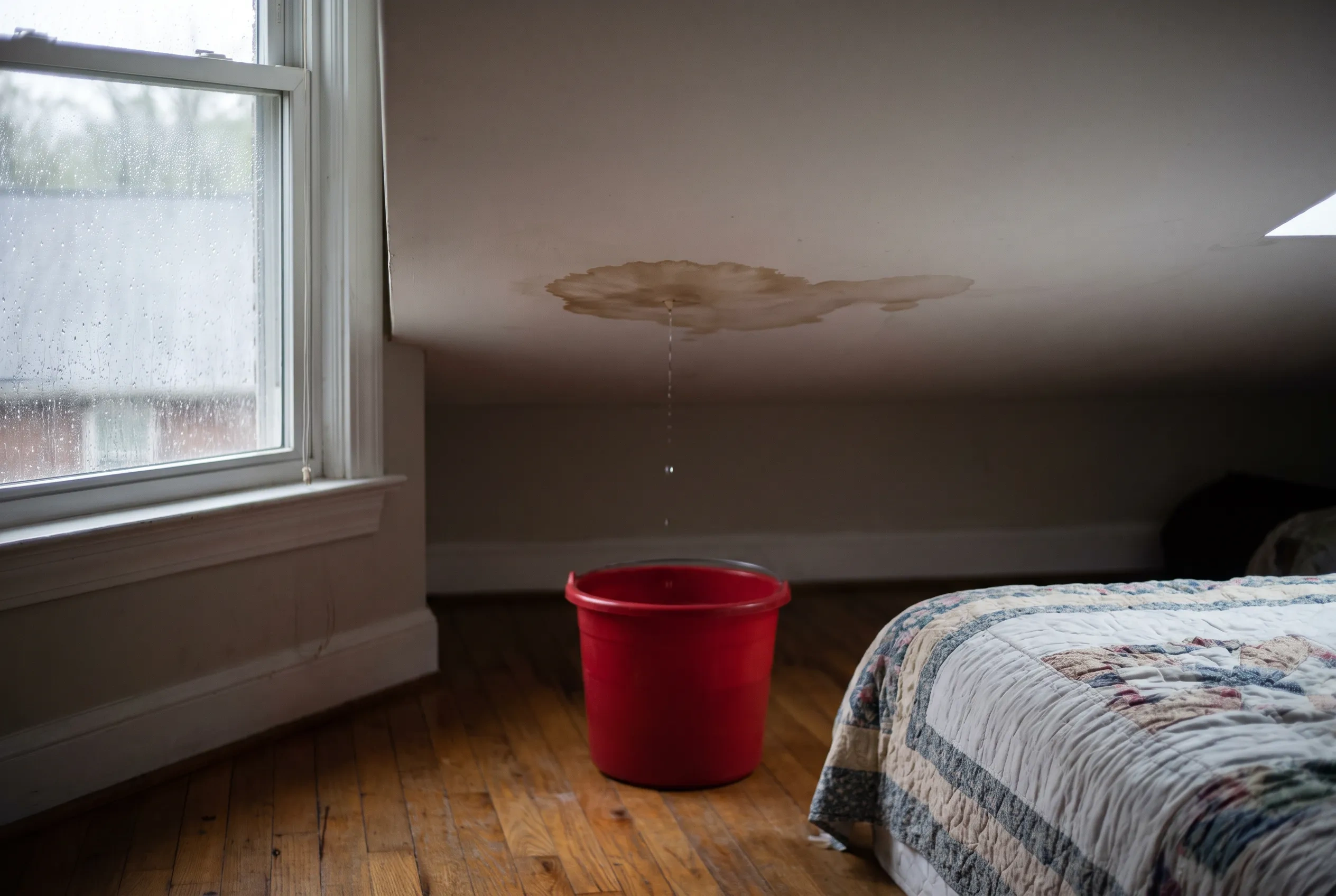 A brown water stain on a bedroom ceiling dripping into a bucket on the floor during a rainstorm