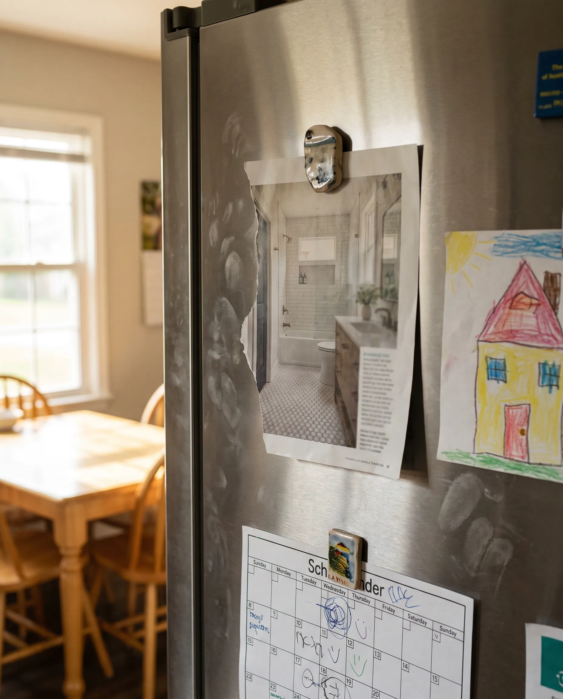 A contractor’s ad torn from a magazine and held to a refrigerator door with a magnet