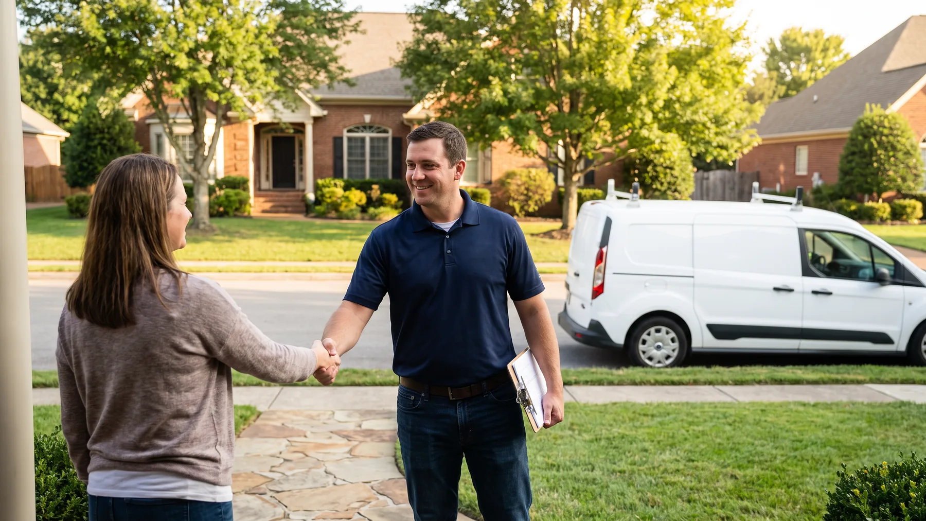 A home services contractor shaking hands with a homeowner on the front walk of a Nashville-area house