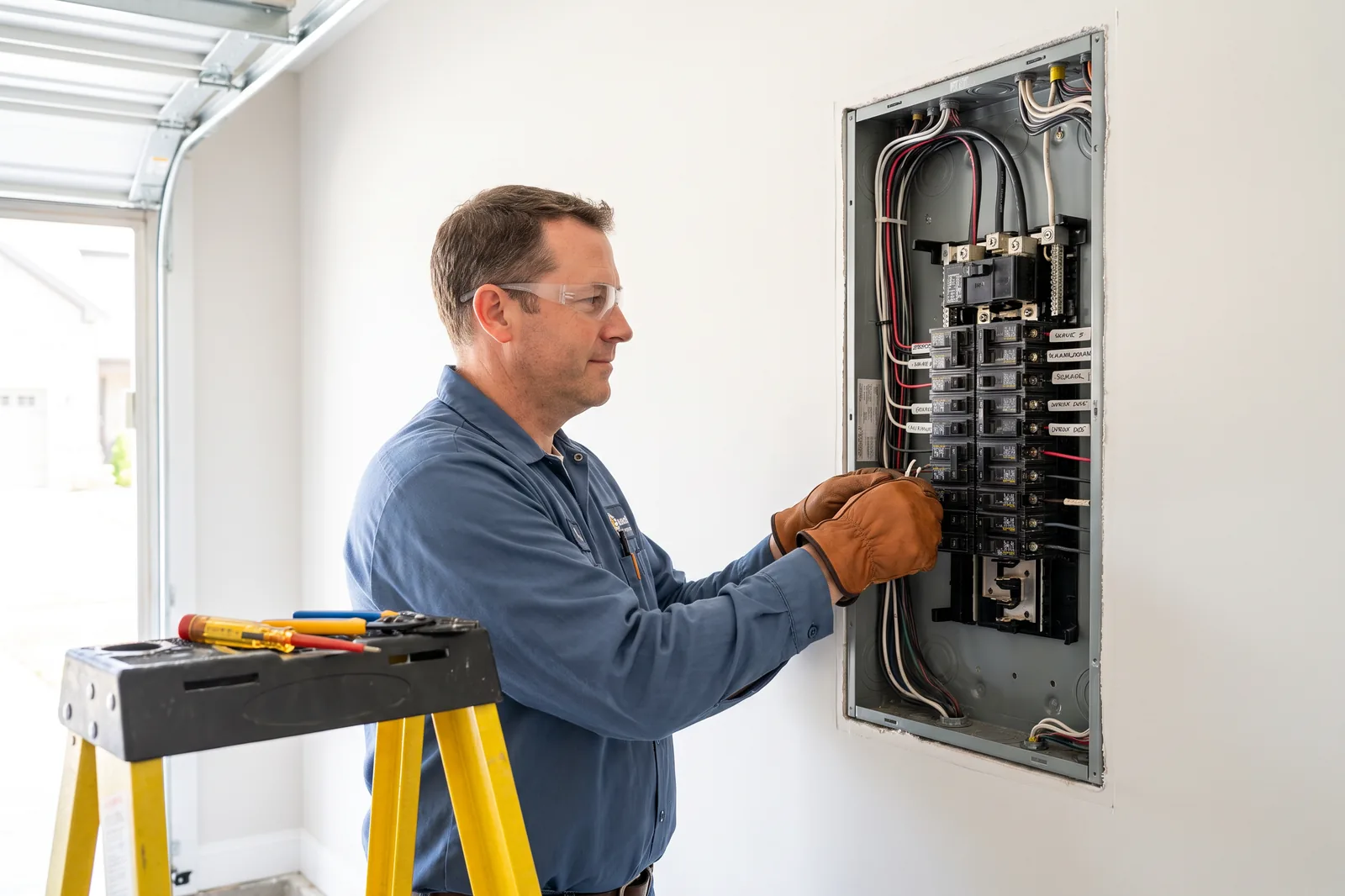A licensed electrician terminating labelled circuits inside a new residential breaker panel