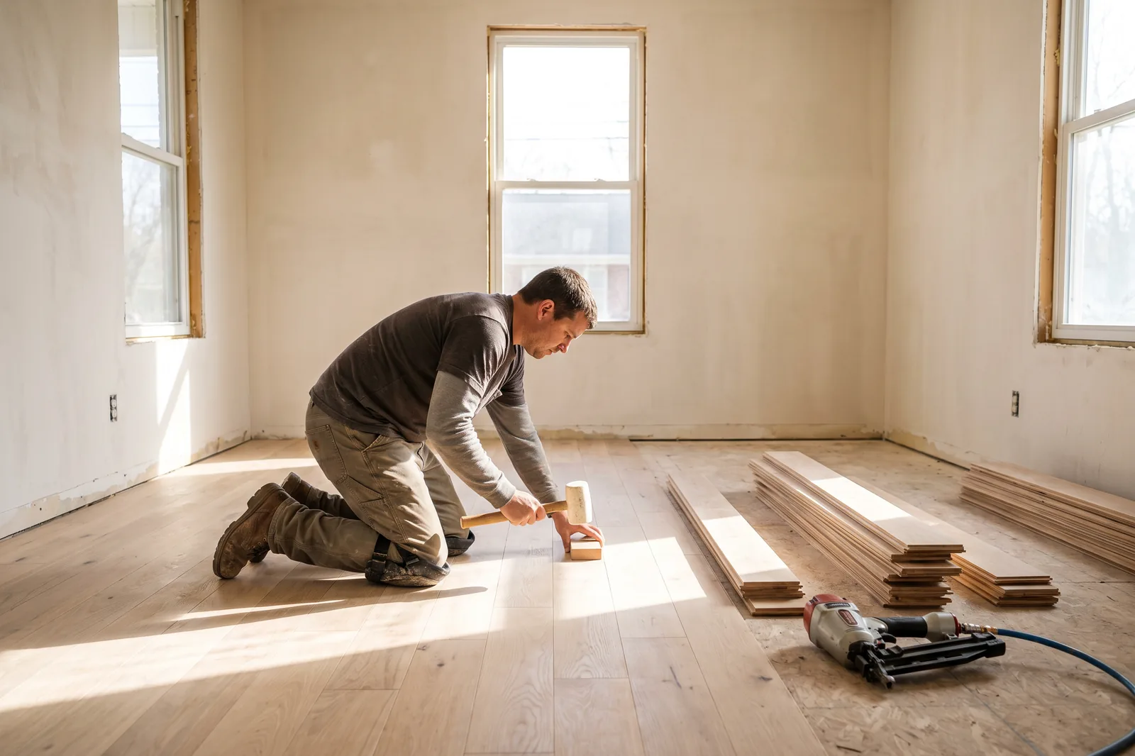 A flooring installer fitting a white oak hardwood plank into place in a sunlit Nashville living room