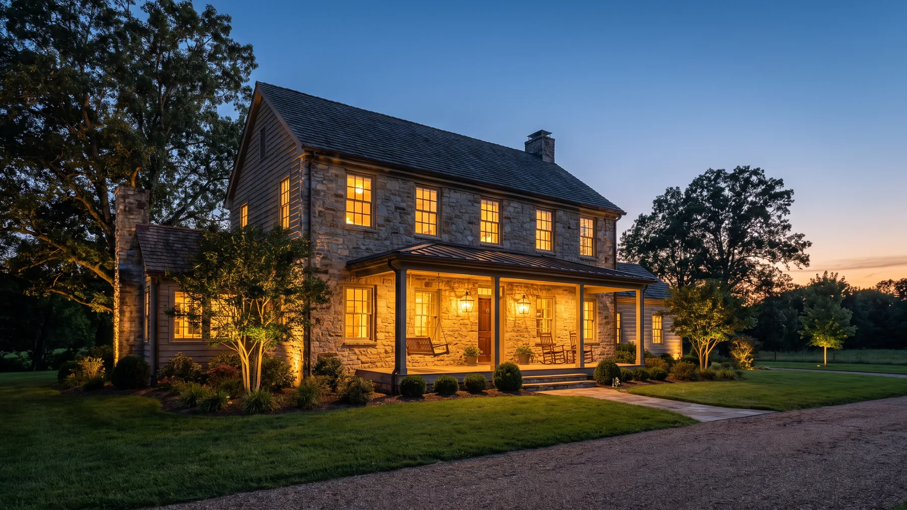 A two-storey Middle Tennessee home at dusk with lit windows and a landscaped front lawn