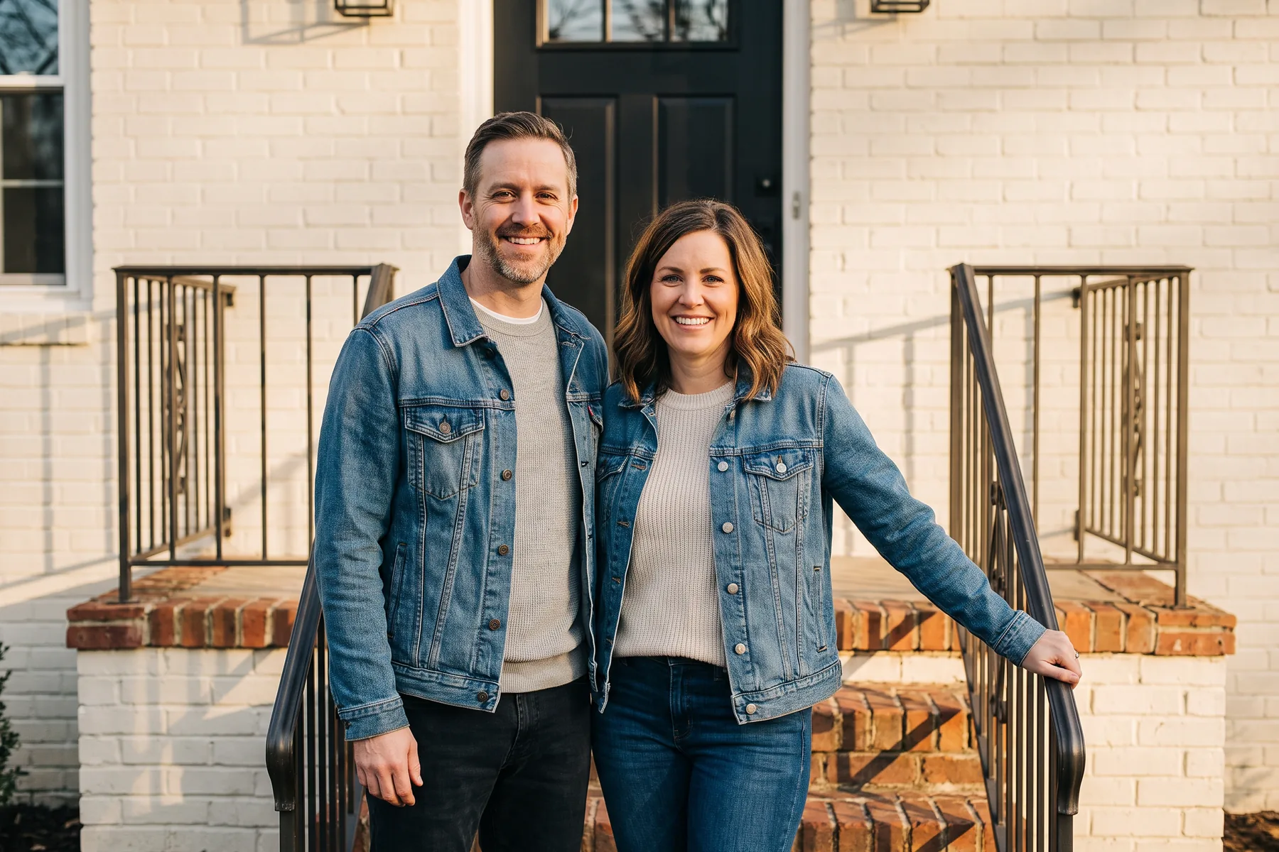 A Nashville-area family on the front steps of their home after a completed renovation