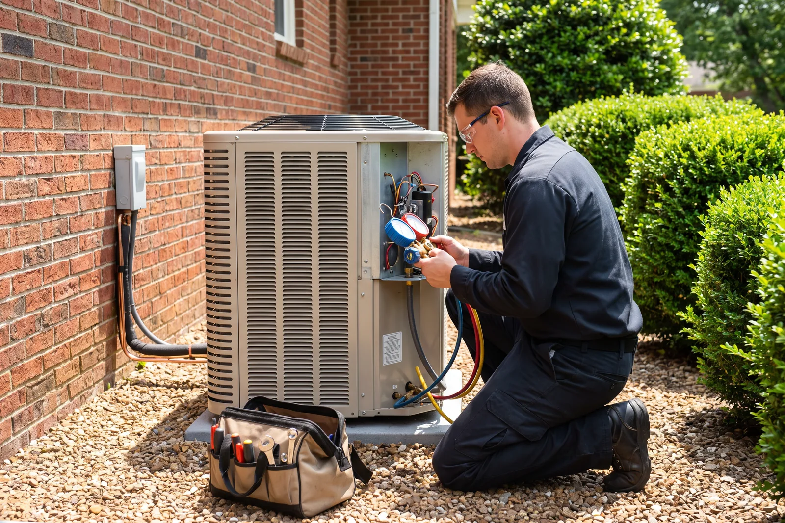 An HVAC technician servicing a new outdoor heat pump condenser beside a brick Tennessee home