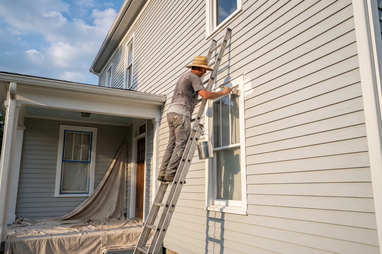A house painter on a ladder cutting in crisp white trim against grey lap siding