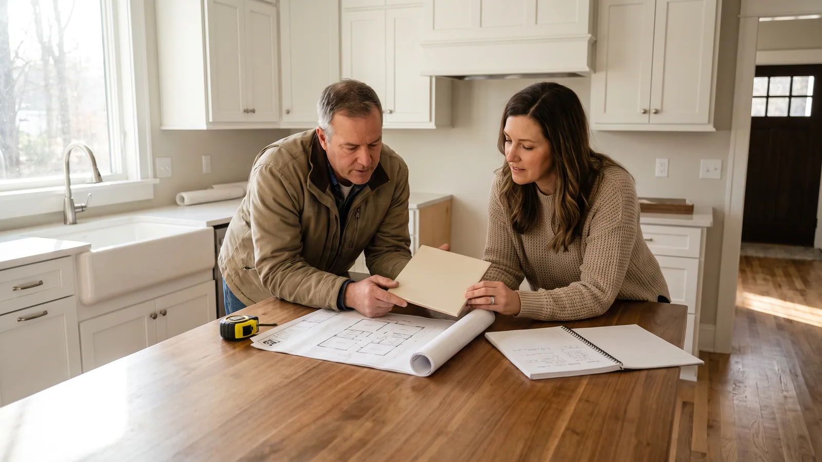 A remodelling contractor and a homeowner reviewing a floor plan together at a kitchen island