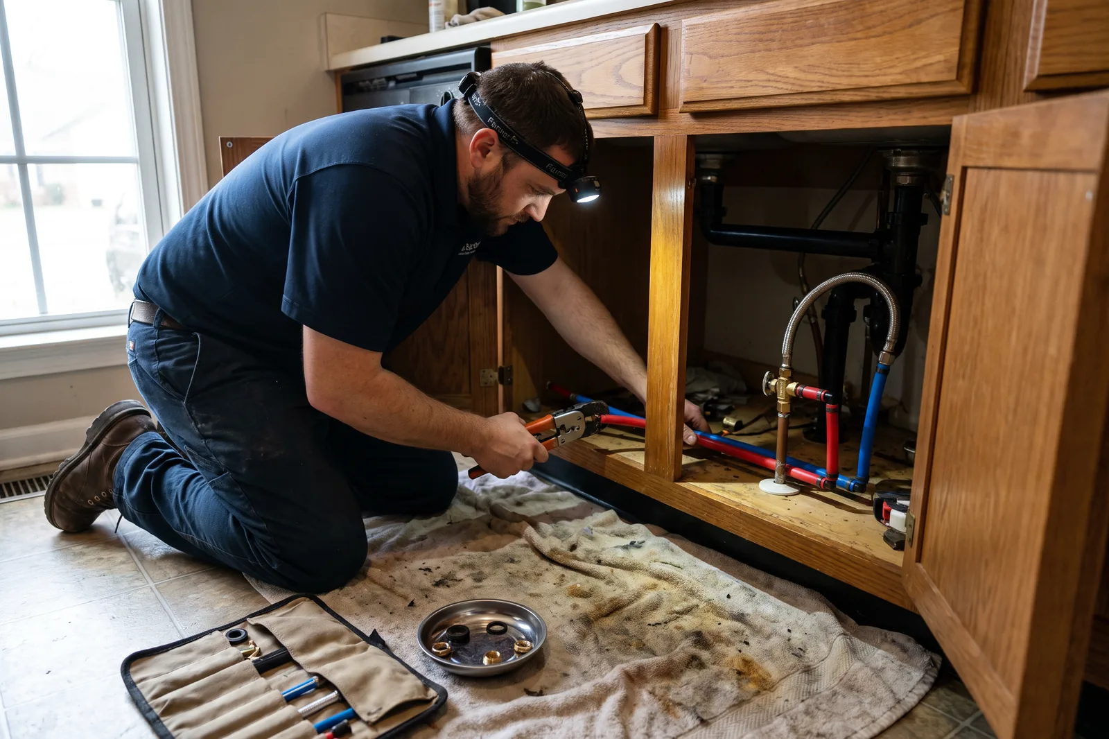 A plumber joining PEX supply lines with a crimp tool under a kitchen sink cabinet