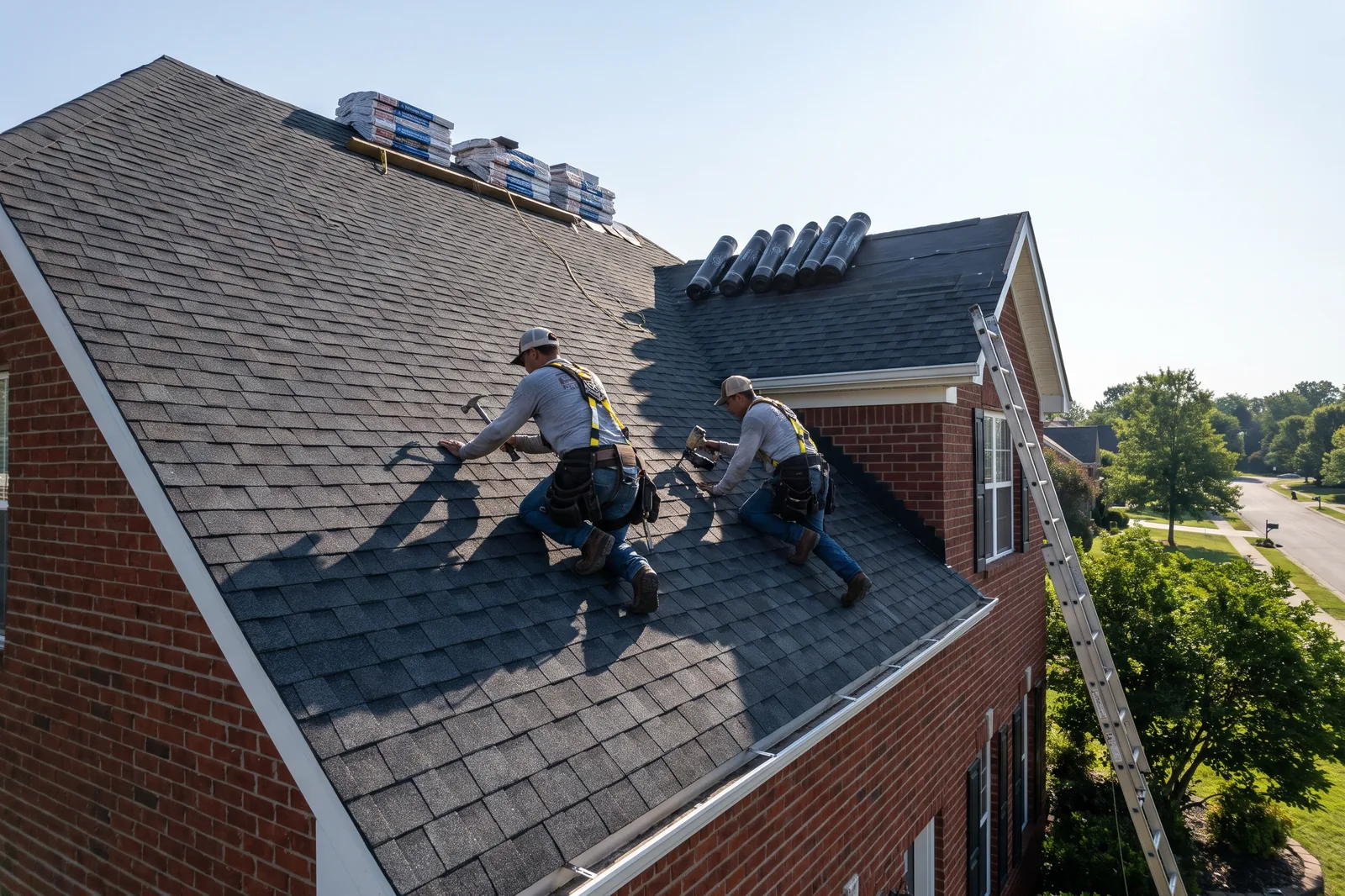 Roofers in safety harnesses installing architectural asphalt shingles on a Middle Tennessee home